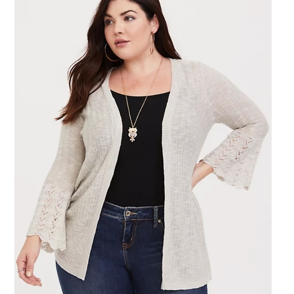 torrid Sweaters - Torried Light Grey Open Pointelle Cardigan 2 Plus